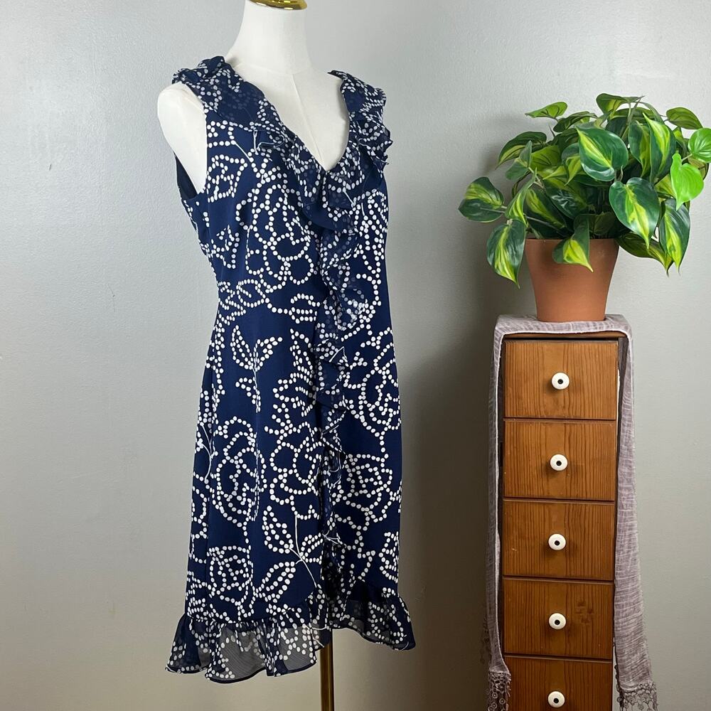 Karl Lagerfeld Navy Blue with White Dots Ruffled Dress Medium